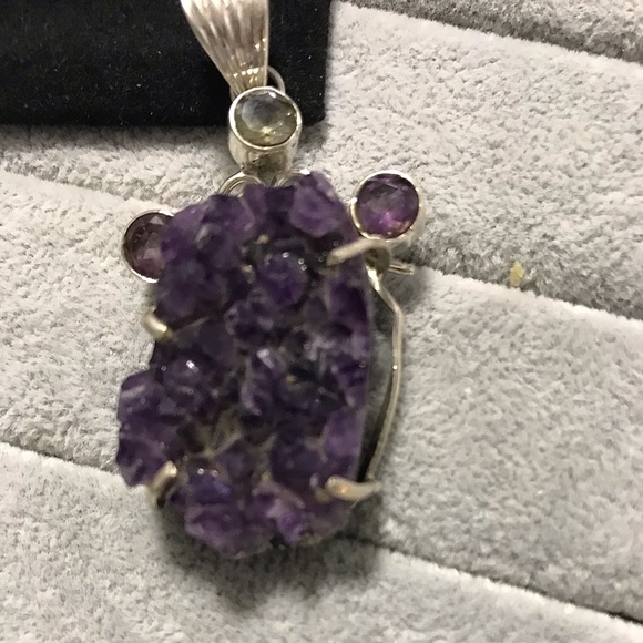 New Sterling Silver Large Purple Amethyst Druzy Pendant Green Accent Crystal Gem - Picture 5 of 14